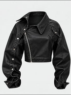 Premium Black Cropped Leather Biker Jacket