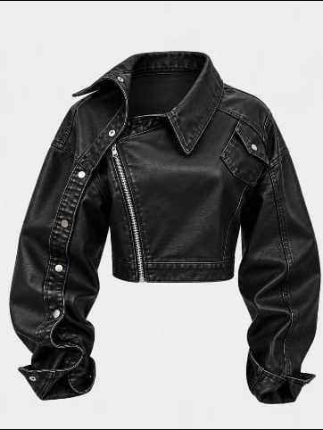 Premium Black Cropped Leather Biker Jacket