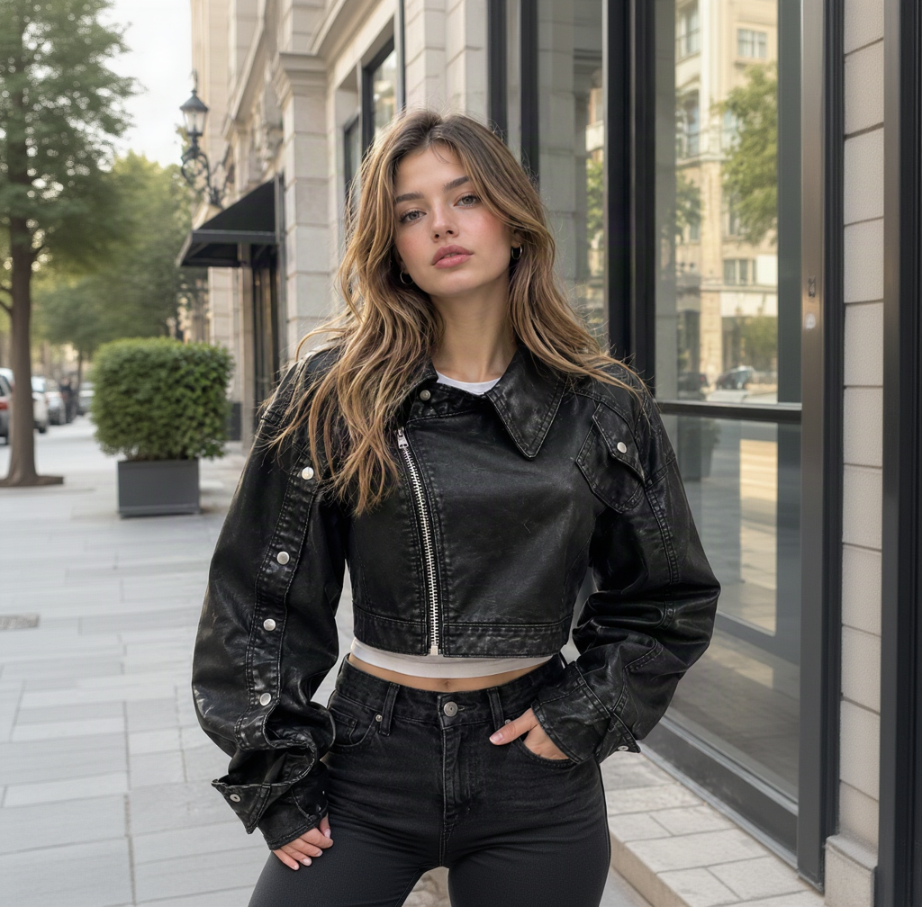 Premium Black Cropped Leather Biker Jacket