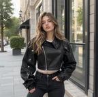 Premium Black Cropped Leather Biker Jacket