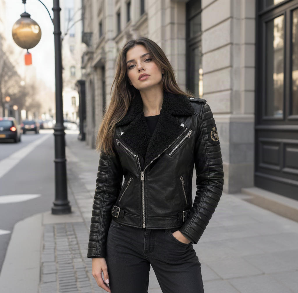 Premium Black Leather Biker Jacket with Fur Collar